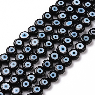 Handmade Evil Eye Lampwork Flat Round Bead Strands LAMP-L058-6mm-18-1