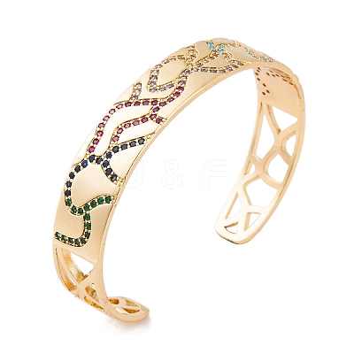 Brass Pave Colorful Cubic Zirconia Hollow Open Cuff Bangles for Women BJEW-S147-09G-A-1