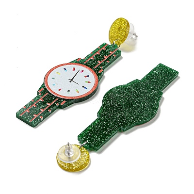 Sparkling Acrylic Watch Dangle Stud Earrings with 304 Stainless Steel Pins EJEW-C063-01A-1