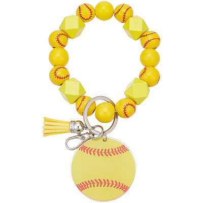 1Pc Printed Acrylic & Faux Suede Tassel Pendant & Wood Bead Keychains HJEW-SP0001-86B-1