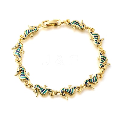 Brass Enamel Turquoise Sea Horse Link Chain Bracelets BJEW-C118-03G-1
