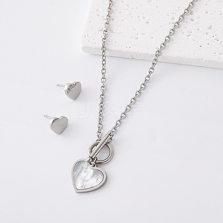 304 Stainless Steel Stud Heart Earrings & Pendant Necklaces Sets for Women ZF6190-3-1
