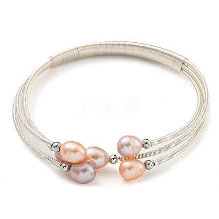 Three-Loops Brass & Natural Freshwater Pearl Beaded Wrap Bracelets for Women BJEW-F470-04S-02-1