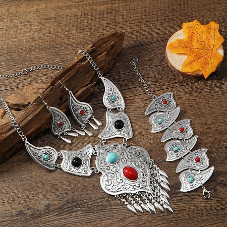 Teardrop Alloy & Synthetic Turquoise Pendant Necklaces & Dangle Earrings & Bracelets Sets FS-WG28263-01-1