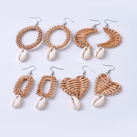 Handmade Reed Cane/Rattan Woven Dangle Earrings EJEW-JE03045-1