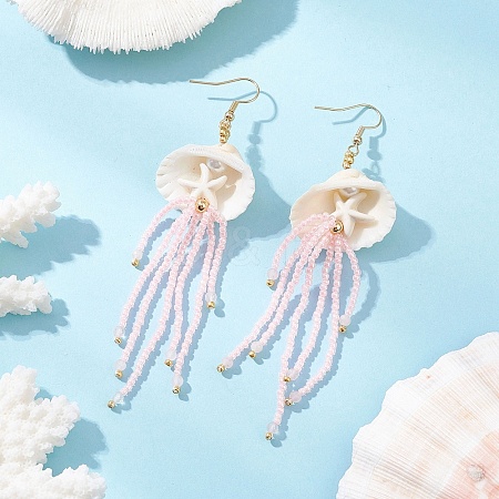 304 Stainless Steel Dyed Synthetic Turquoise & Natural Rose Quartz & Glass Seed Beaded Jellyfish Dangle Earrings EJEW-MZ00529-02-1