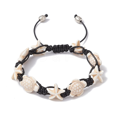 Synthetic Turquoise Starfish & Turtle Braided Bead Bracelet BJEW-TA00388-02-1