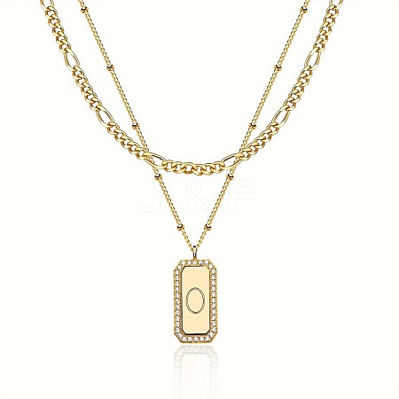 Brass Micro Pave Clear Cubic Zirconia Rectangle with Initial Pendant Double Layer Necklaces for Women FS-WG478B5-15-1