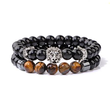 Natural Obsidian & Tiger Eye & Synthetic Hematite Stretch Bead Stretch Bracelets IO9425-2-1