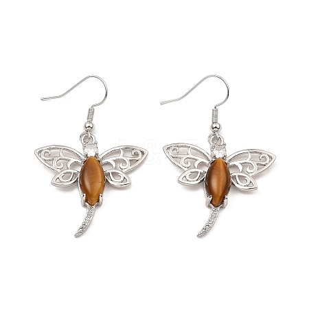 Natural Tiger Eye Dragonfly Dangle Earrings G-Z033-14P-03-1