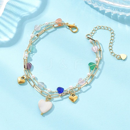 Brass Paperclip Chain & Cat Eye Heart & Plastic Pearl Beaded Chain Double Layers Bracelets for Women BJEW-JB13567-1