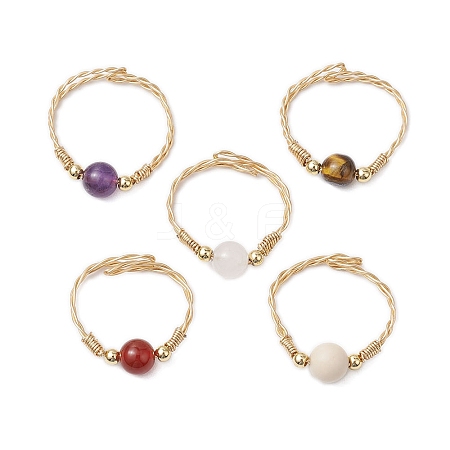 Round Natural Carnelian & White Jade & Fossil & Tiger Eye & Amethyst Beaded Finger Rings RJEW-JR00783-1