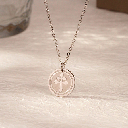 Fashionable Stainless Steel Flat Round Lorraine Cross Pendant Necklaces for Women's Daily Wear FH2746-1