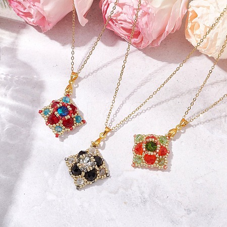 3Pcs 3 Colors Glass Beaded Rhombus Pendant Necklaces NJEW-MZ00072-1