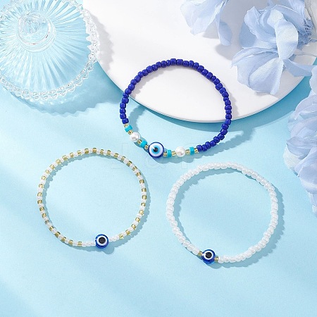3Pcs 3 Colors Glass Seed Beaded Stretch Bracelets for Women BJEW-JB12206-1