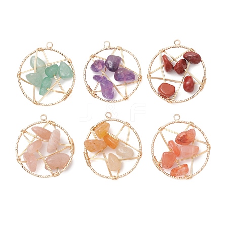 Natural Mixed Gemstone Nuggets Copper Wire Wrapped Flat Round Pendants PALLOY-JF03038-1