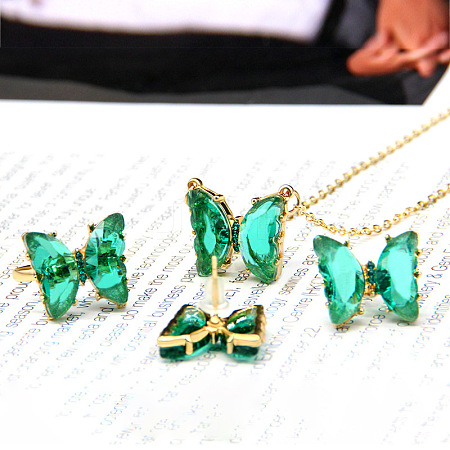 Butterfly Alloy Glass Pendant Necklaces & Stud Earrings & Rings Sets for Women WG31995-13-1