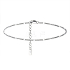 Rhodium Plated 925 Sterling Silver Curb Chain Anklet with Rectangle Charm AJEW-F162-001P-1