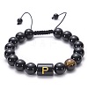 10MM Natural Black Onyx(Dyed & Heated) and Tiger Eye Alphabet Round Braided Bead Adjustable Bracelets for Women DM6424-16-1