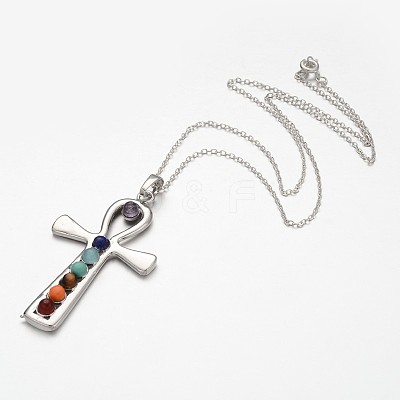 Platinum Plated Vintage Chakra Jewelry Brass Gemstone Cross Pendant Necklaces NJEW-JN01155-02-1