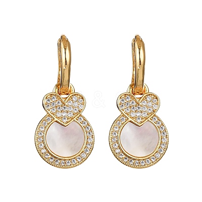 Heart with Flat Round Brass Micro Pave Clear Cubic Zirconia Hoop Earrings KK-D363-11B-G-1