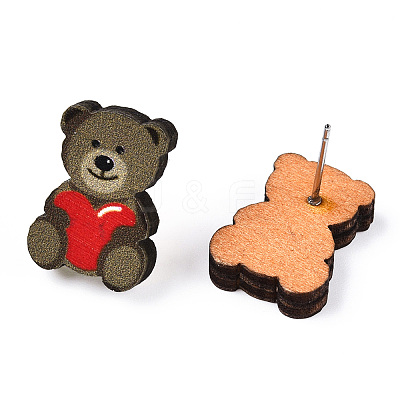 Valentine's Day Theme Printing Wood Stud Earrings for Women EJEW-B029-04-1