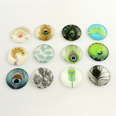 Feather Pattern Flatback Half Round Glass Dome Cabochons GGLA-R026-12mm-26-1