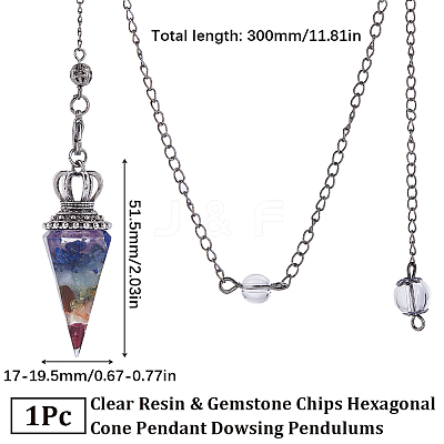 1Pc Clear Resin & Gemstone Chips Hexagonal Cone Pendant Dowsing Pendulums AJEW-SC0002-30-1