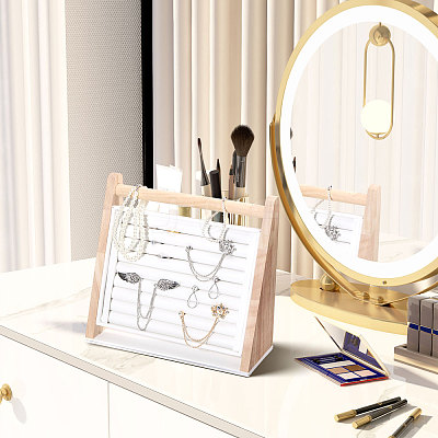 Wood & PU Leather Slant Back Ring Organizer Display Stands RDIS-WH0001-40-1