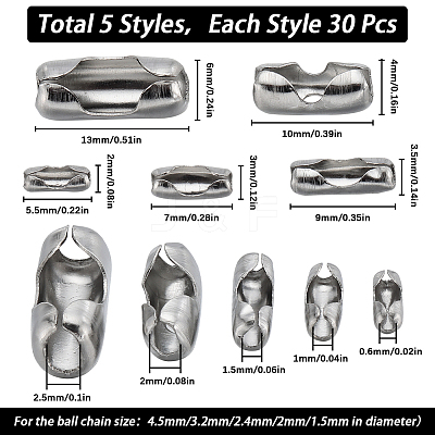 150Pcs 5 Styles 304 Stainless Steel Ball Chain Connectors STAS-SC0007-17-1