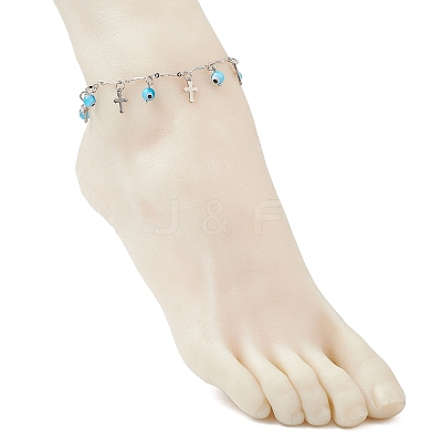 Handmade Evil Eye Lampwork & 304 Stainless Steel Cross Tassel Bar Link Chain Anklets for Women AJEW-AN00741-03-1