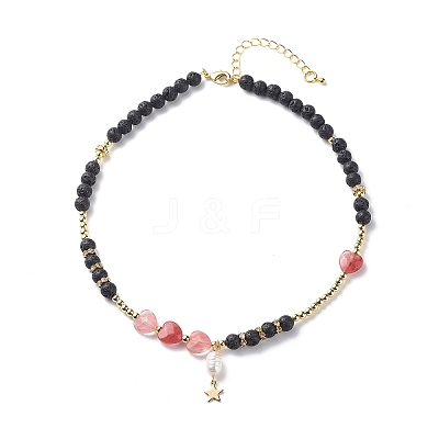 Natural Lava Rock & Gemstone Heart Beaded Necklace NJEW-JN03996-1