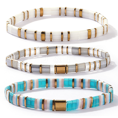3Pcs 3 Styles Square Glass Tile Beaded Stretch Bracelet Sets with Synthetic Non-magnetic Hematite Beads for Women HZ1549-1