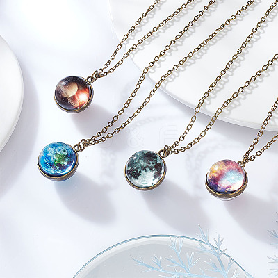 4Pcs 4 Style Luminous Glass Round Planet Pendant Necklaces Set NJEW-FI0001-02-1
