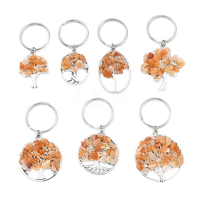 Natural Red Aventurine Chip & Alloy Tree of Life Pendant Keychain KEYC-JKC00648-01-1