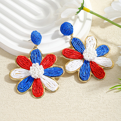 Flower Alloy Raffia Dangle Stud Earrings FS-WGFD46F-01-1