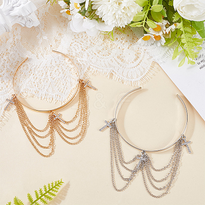 2Pcs 2 Colors Bohemia Style Tassel Alloy Upper Arm Open Cuff Bangles for Women BJEW-CY0001-03B-1