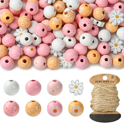 Flower & Round Natural Wooden Beads WOOD-YW001-76-1