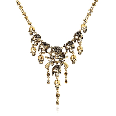 Halloween Themed Pirate Skull Alloy Bib Necklace for Women HAWE-PW0001-215AG-1