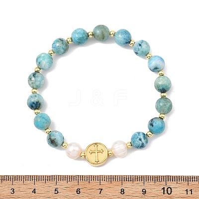 Natural Gemstone Hemimorphite & Cultured Freshwater Pearl & Brass Beads Stretch Bracelets for Women BJEW-JB13796-1