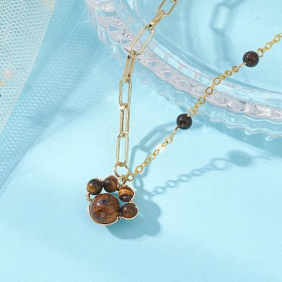 Natural Tiger Eye Paw Print Pendant Brass Paperclip Chain Cable Chain Necklaces for Women NJEW-JN05790-1