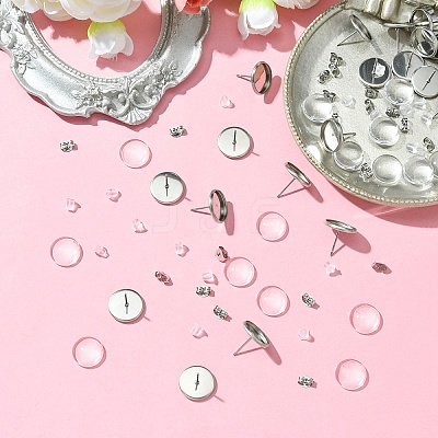 160Pcs 4 Styles Flat Round 304 Stainless Steel Stud Earring Settings with Transparent Glass Cabochons with 304 Stainless Steel Ear Nuts with Plastic Ear Nuts FIND-YW0005-37-1