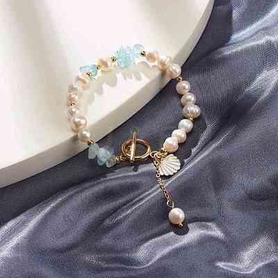 Natural Aquamarine Chip Beaded Bracelet BJEW-TA00032-04-1