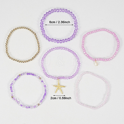 Bohemian Style Round Glass & Plastic Beads Stretch Bracelets & Starfish & Star Zinc Alloy Charm Bracelets Set for Women FS-WG8BA5D-01-1