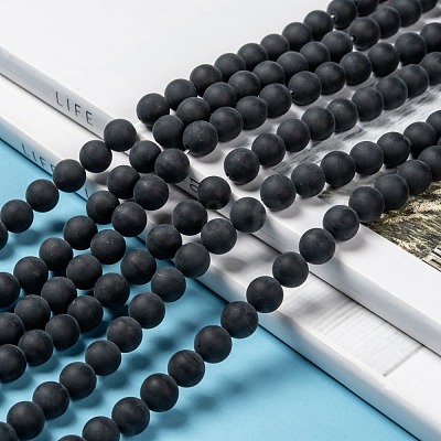 Grade A Round Frosted Natural Black Agate Beads Strands X-G447-4-1