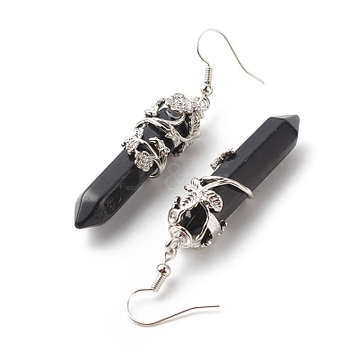 Natural Obsidian Bullet with Flower Dangle Earrings EJEW-G300-02P-06-1
