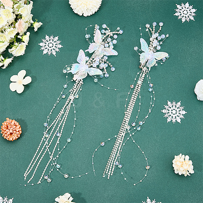 2Pcs Acrylic with Alloy Crystal Rhinestone Clear AB Butterfly Tassel Alligator Hair Clips Set AJEW-WH20080-59A-1