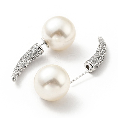 Clear Cubic Zirconia Horn with Acrylic Pearl Front Back Stud Earrings EJEW-G295-02A-P-1