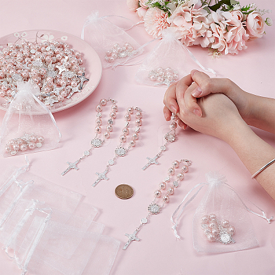 30Pcs Plastic Imitation Pearl Link Alloy Virgin Cross Charm Rosary Bracelets BJEW-WA0001-06-1