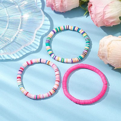 3Pcs 3 Colors Polymer Clay Disc Beaded Stretch Bracelet Sets BJEW-JB10439-02-1